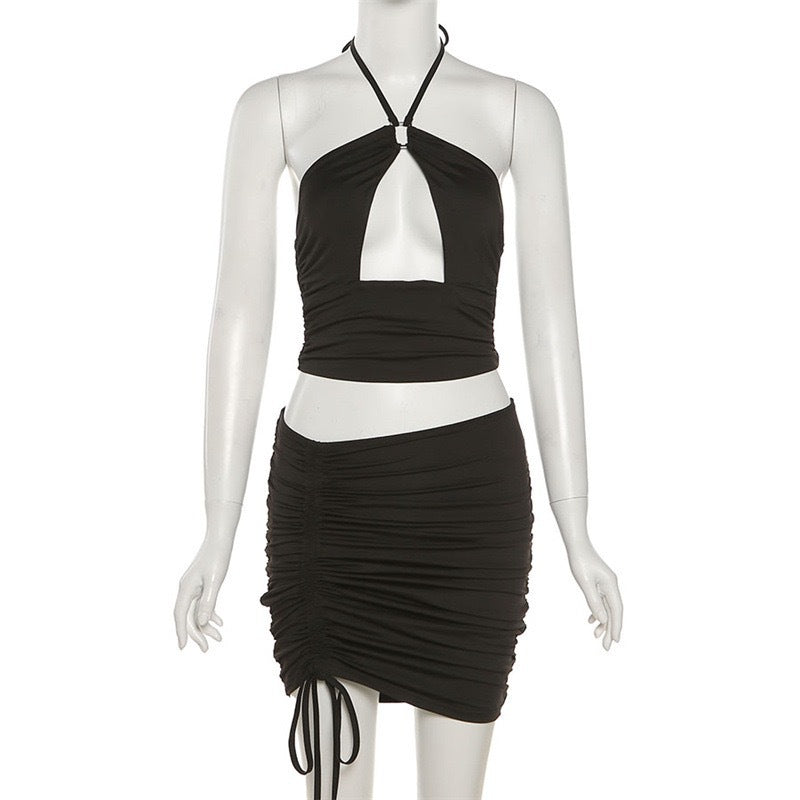 Women's Neck Hanging Hollow Strap Short Top Set Sexy Backless Sleeveless Tank Top and Short Skirt Casual Street Wear Club Party