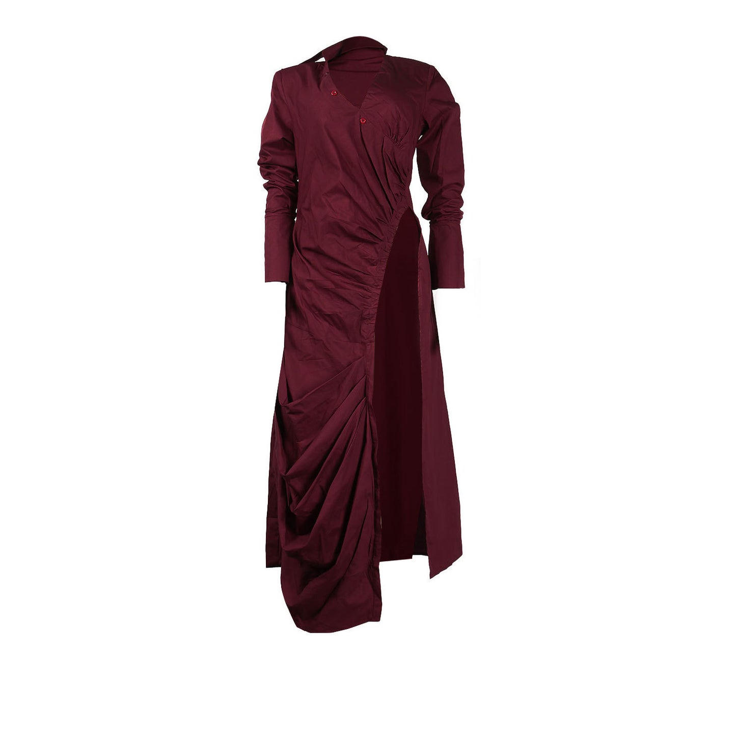 CM.YAYA Vintage Women Long Sleeve High Side Split Ruched Up Wrap Lapel Collar White Maxi Long Dress Fashion Street Dresses