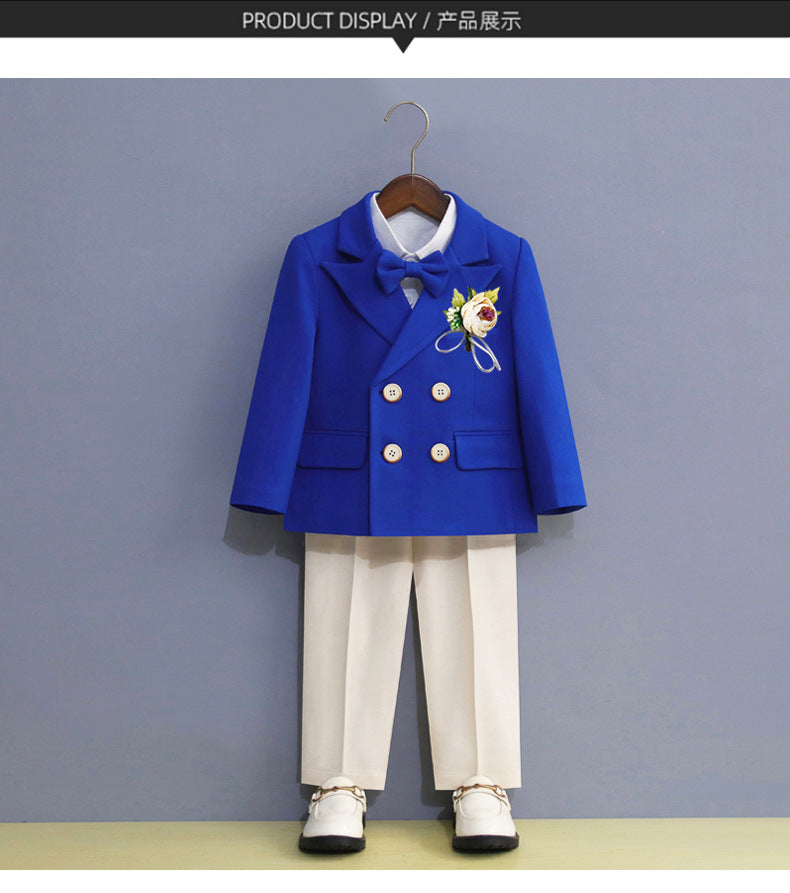 Boys Royal Blue Orange Suit For Wedding Kids Jacket Pants Bowtie Flower 4PCS Ceremony Tuxedo Dress Children Photograph Costume