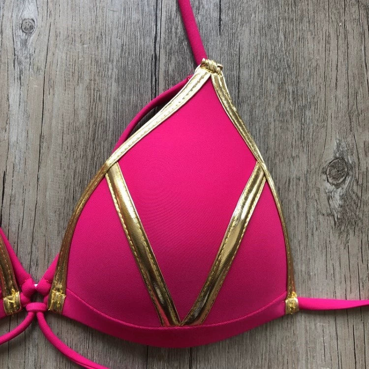 2023 New Arrival Nylon Triangle Bronzing Patchwork Bikini Lady Sexy Swimwear Swimsuit Export Bikini 8 Colors