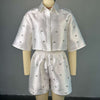 CM.YAYA Fashion Beading Women's Set 3/4 Sleeve Shirt Tops and Shorts Sets 2025 Summer Street Two 2 Piece Sets Outfits Tracksuit
