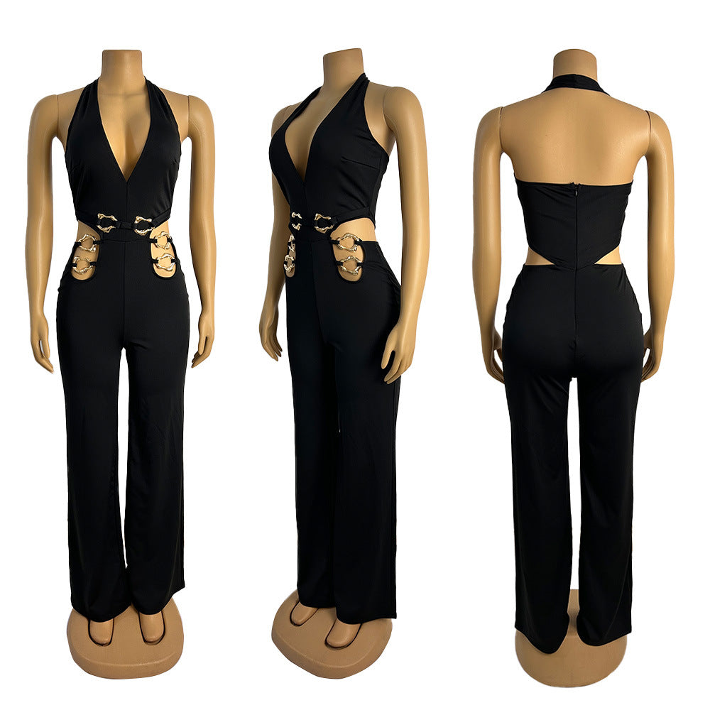 CM.YAYA Women V-Neck Backless Straight Sleeveless Flare Jumpsuits 2025 Summer Hollow Out Sexy One Piece Set Streetwear Outfits