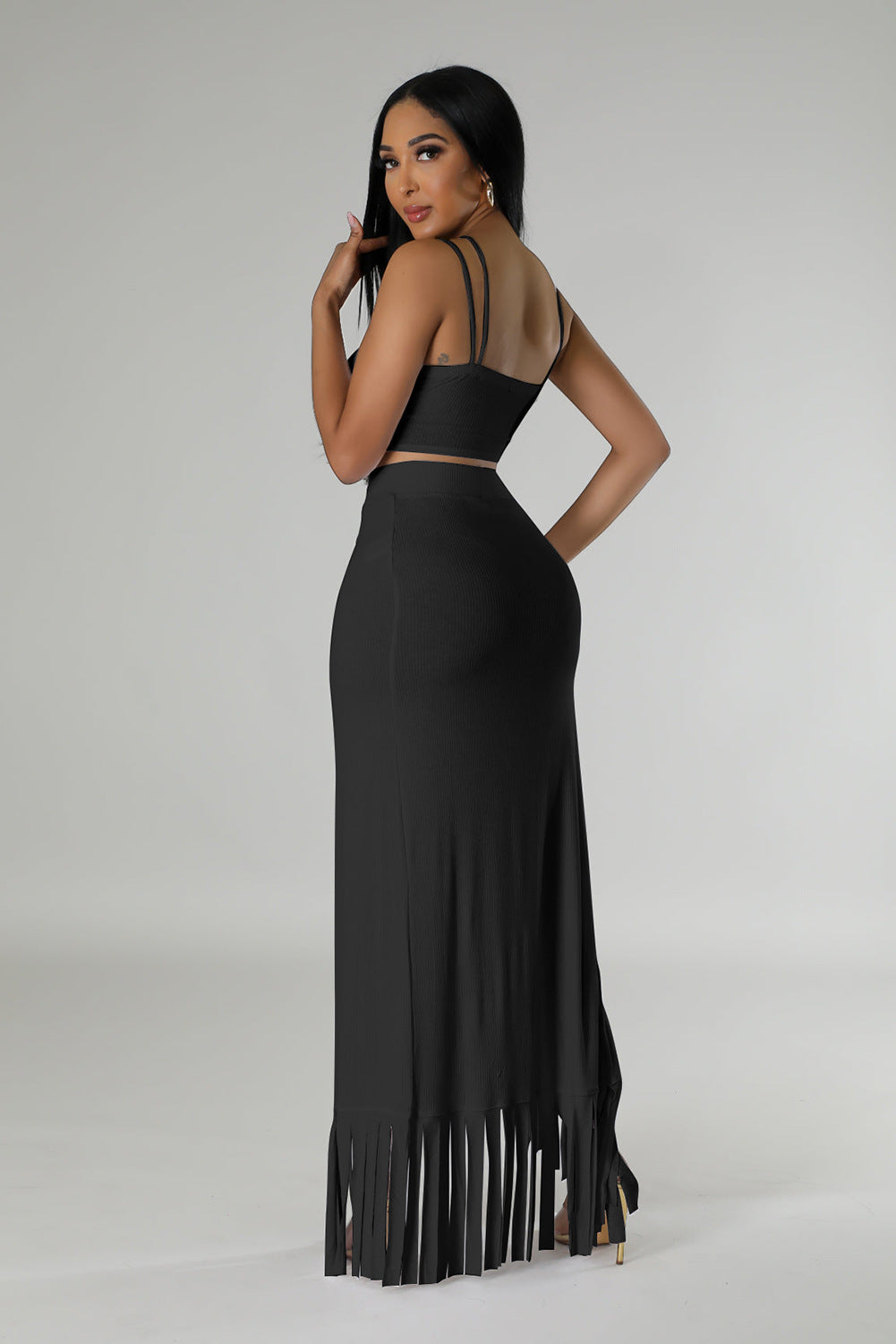 CM.YAYA Summer Women Sets Sleeveless Sexy Strap Crop Top and Tassel Long Skirt Sets Night Club Party Beach 2 Two Piece Sets