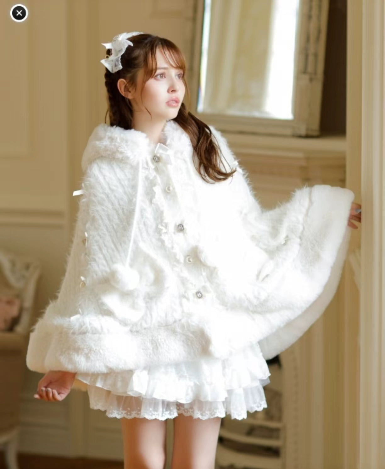 Japanese Liz Sweet Princess Faux Rabbit Fur Cape Coat Women Autumn Winter Fur Jacket Loose Clock Rhinestone Bow Hooded Coat