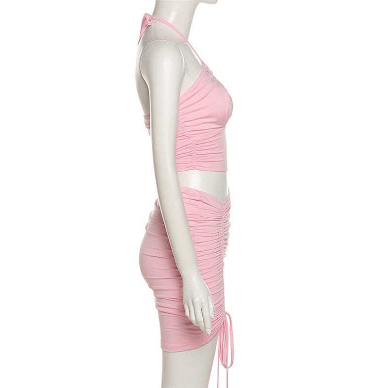 Women's Neck Hanging Hollow Strap Short Top Set Sexy Backless Sleeveless Tank Top and Short Skirt Casual Street Wear Club Party
