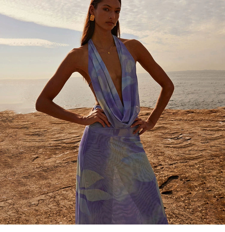 Sylcue Wizard of Oz Elegant Retro Tie-Dyed Fresh Print Deep V-neck Halter Dress Waist-Slimming Long Dress Summer