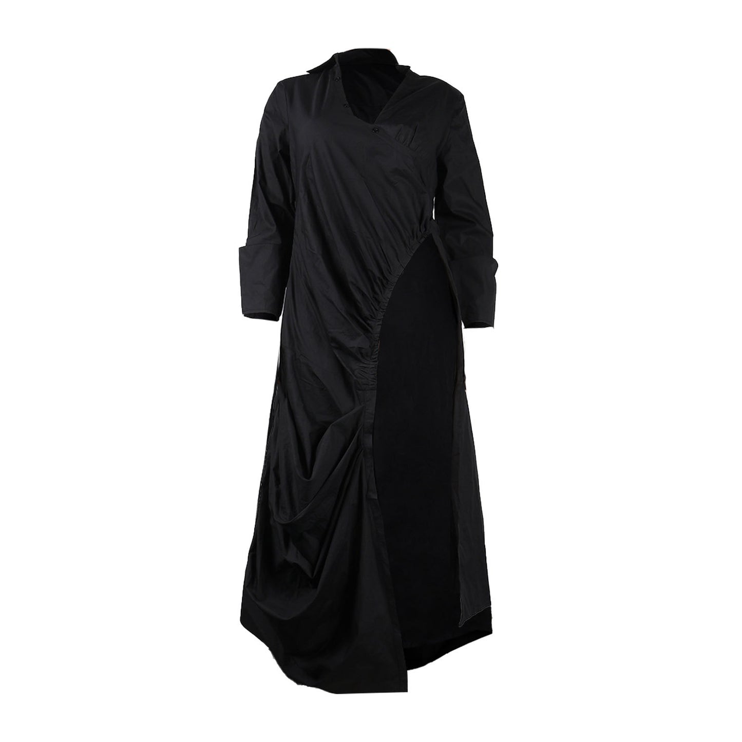 CM.YAYA Vintage Women Long Sleeve High Side Split Ruched Up Wrap Lapel Collar White Maxi Long Dress Fashion Street Dresses