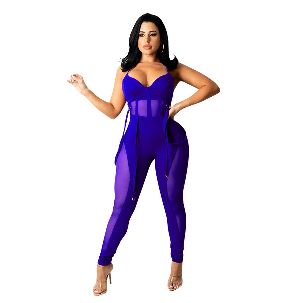 European and American Women's Clothing See-through Sexy Suspender Mesh Jumpsuit