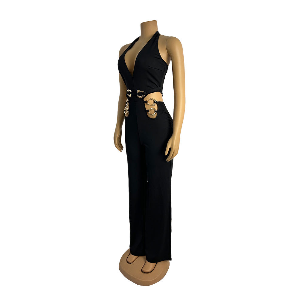 CM.YAYA Women V-Neck Backless Straight Sleeveless Flare Jumpsuits 2025 Summer Hollow Out Sexy One Piece Set Streetwear Outfits