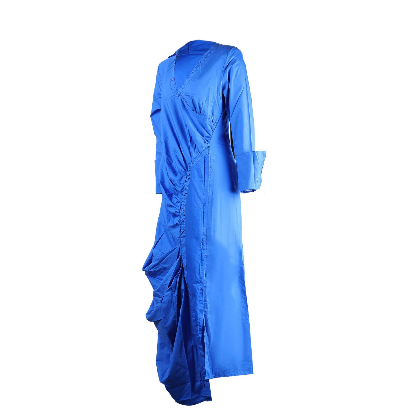 CM.YAYA Vintage Women Long Sleeve High Side Split Ruched Up Wrap Lapel Collar White Maxi Long Dress Fashion Street Dresses