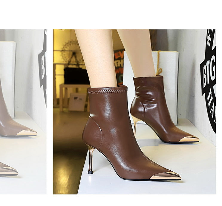 BIGTREE shoes Autumn Winter Boots Metal Pointed tip Women Boots Fashion Leather Boots High Heels Stilettos New Women Ankle Boots