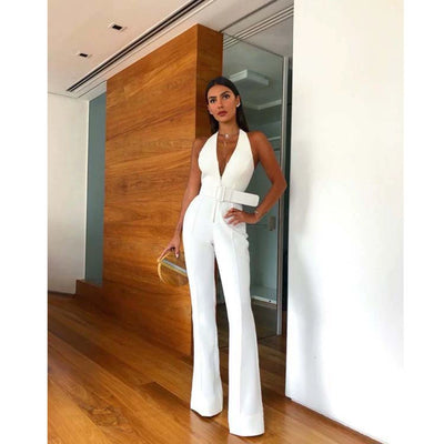 White Belt Jumpsuit Sleeveless Belt Elegant Halter White Jumpsuit Fashion Pants Suit Women