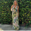 Sylcue Wizard of Oz Elegant Retro Tie-Dyed Fresh Print Deep V-neck Halter Dress Waist-Slimming Long Dress Summer