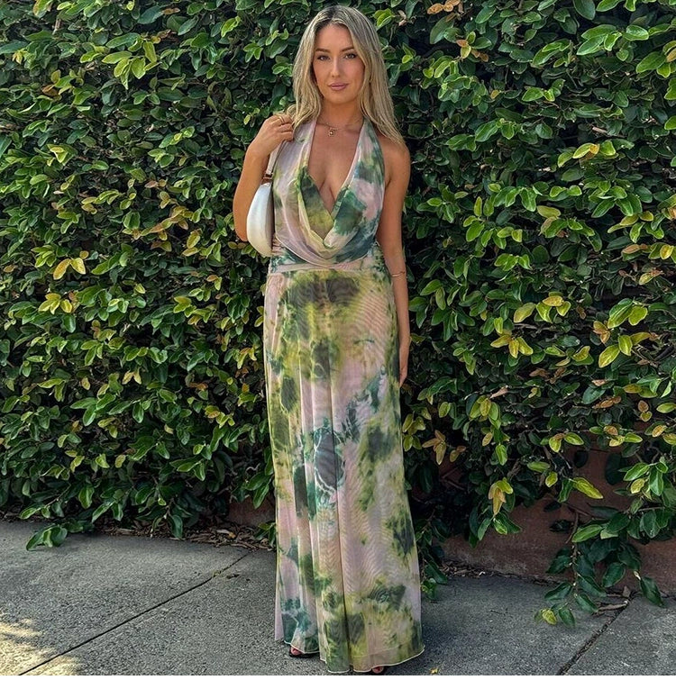 Sylcue Wizard of Oz Elegant Retro Tie-Dyed Fresh Print Deep V-neck Halter Dress Waist-Slimming Long Dress Summer