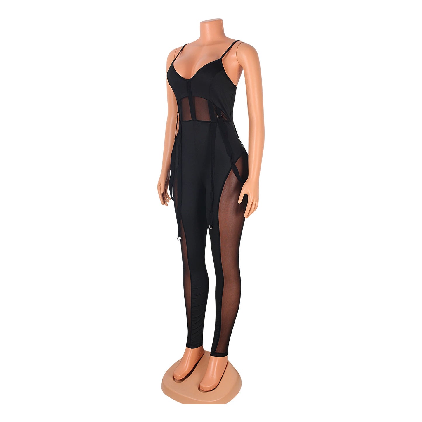 European and American Women's Clothing See-through Sexy Suspender Mesh Jumpsuit