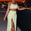 CM.YAYA Summer Women Sets Sleeveless Sexy Strap Crop Top and Tassel Long Skirt Sets Night Club Party Beach 2 Two Piece Sets