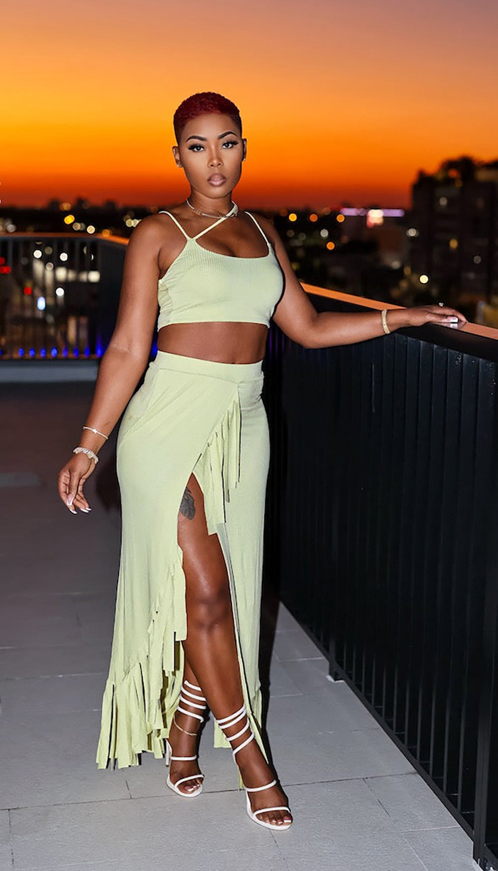 CM.YAYA Summer Women Sets Sleeveless Sexy Strap Crop Top and Tassel Long Skirt Sets Night Club Party Beach 2 Two Piece Sets