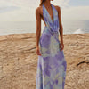 Sylcue Wizard of Oz Elegant Retro Tie-Dyed Fresh Print Deep V-neck Halter Dress Waist-Slimming Long Dress Summer