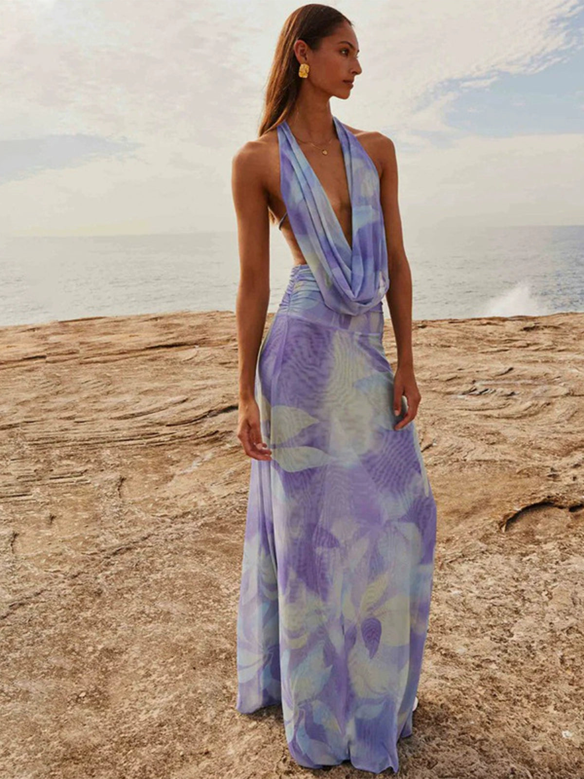 Sylcue Wizard of Oz Elegant Retro Tie-Dyed Fresh Print Deep V-neck Halter Dress Waist-Slimming Long Dress Summer
