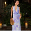 Sylcue Wizard of Oz Elegant Retro Tie-Dyed Fresh Print Deep V-neck Halter Dress Waist-Slimming Long Dress Summer
