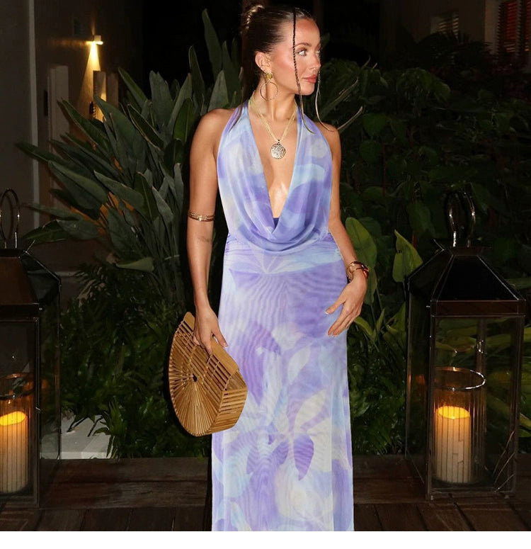 Sylcue Wizard of Oz Elegant Retro Tie-Dyed Fresh Print Deep V-neck Halter Dress Waist-Slimming Long Dress Summer