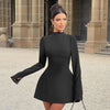 BKQU Elegant Off Shoulder Long Sleeve Mini Dress Women Sexy Strapless Backless Slim A-Line Short Dress Lady Chic Party Vestidos