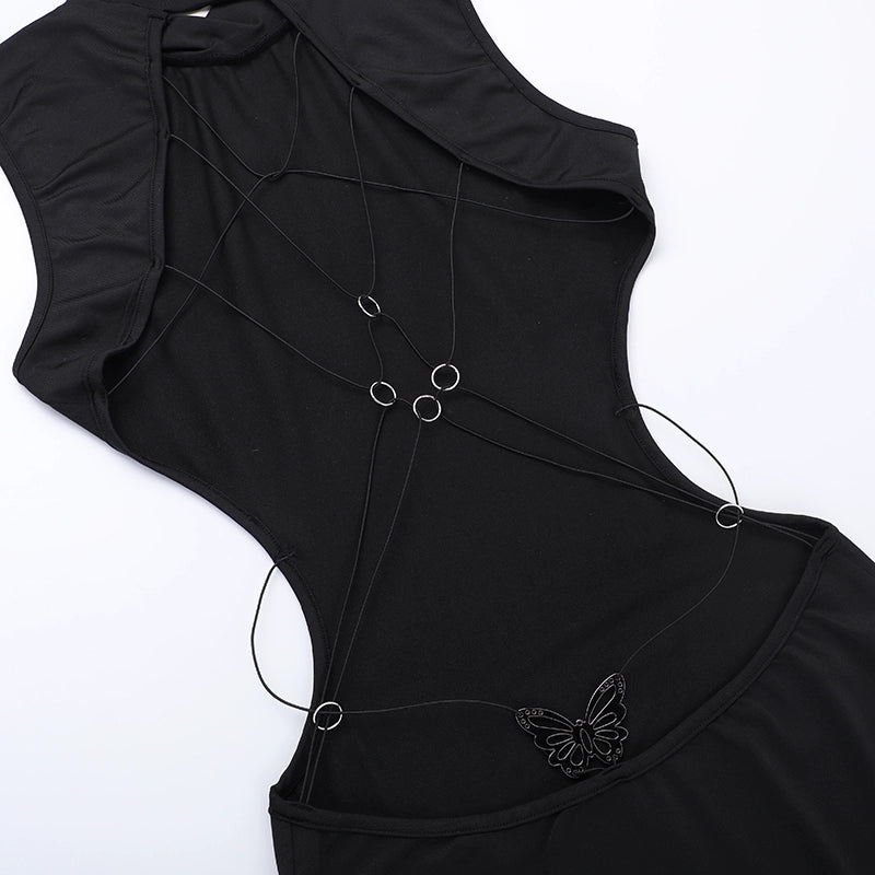 Instunning European and American Metal Butterfly Hollow-out Backless Dress Women Gyaru Style Slimming Split Long Skirt