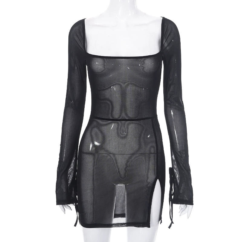 Transition Sexy Zone Black Sheer Mesh Sexy Temperament Split Long Dress Hot Spring Bikini Blouse Pure Desire Style
