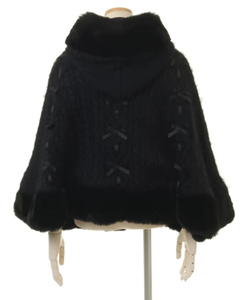 Japanese Liz Sweet Princess Faux Rabbit Fur Cape Coat Women Autumn Winter Fur Jacket Loose Clock Rhinestone Bow Hooded Coat