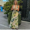 Sylcue Wizard of Oz Elegant Retro Tie-Dyed Fresh Print Deep V-neck Halter Dress Waist-Slimming Long Dress Summer