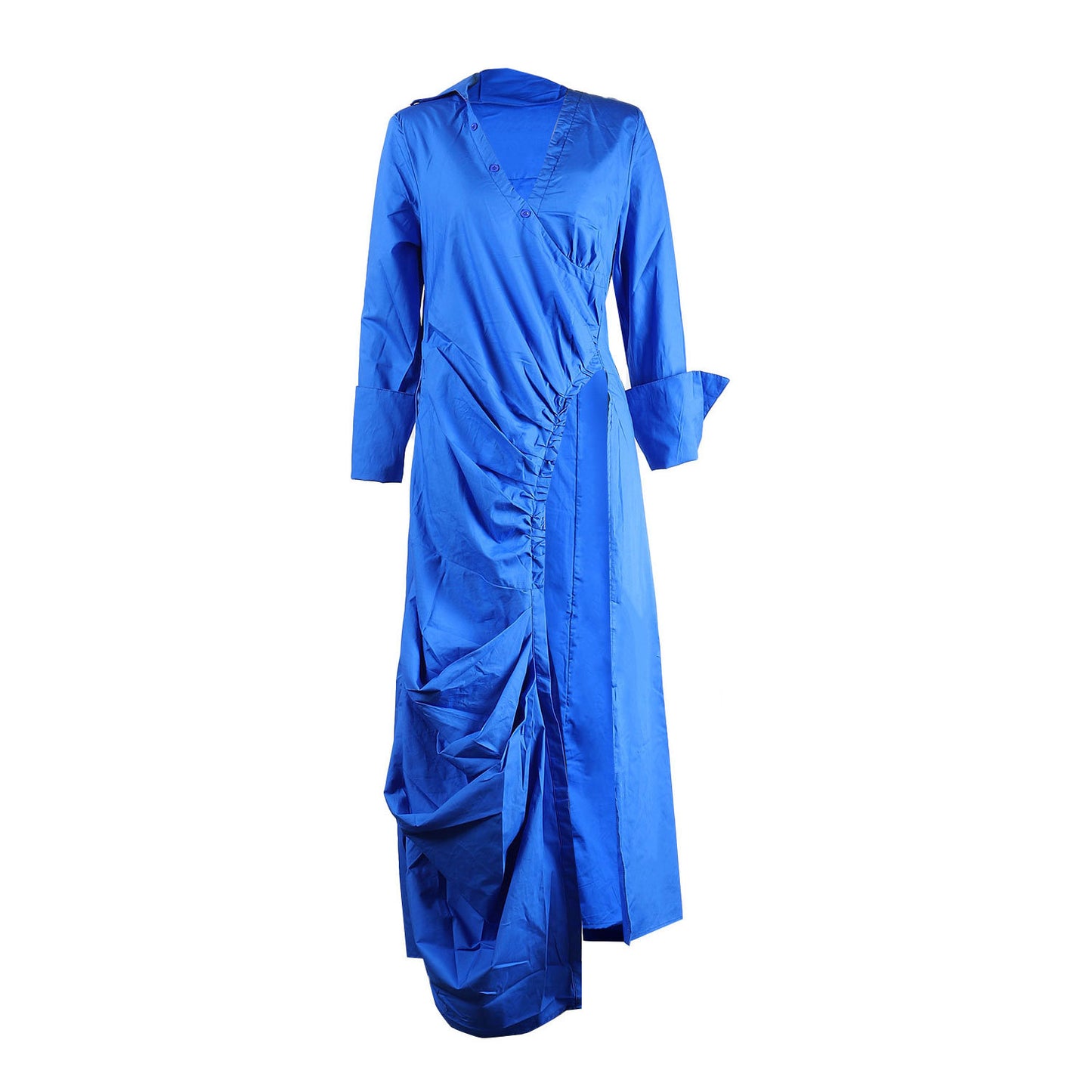 CM.YAYA Vintage Women Long Sleeve High Side Split Ruched Up Wrap Lapel Collar White Maxi Long Dress Fashion Street Dresses