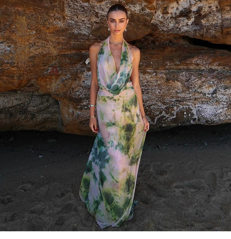 Sylcue Wizard of Oz Elegant Retro Tie-Dyed Fresh Print Deep V-neck Halter Dress Waist-Slimming Long Dress Summer