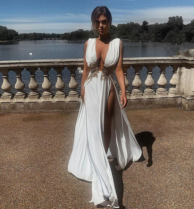 European and American Style Women's Clothing Ins Sexy Fashion Dress Wedding Deep V High Slit Part Large Hem Floor-Length Formal Dress