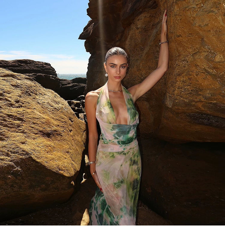 Sylcue Wizard of Oz Elegant Retro Tie-Dyed Fresh Print Deep V-neck Halter Dress Waist-Slimming Long Dress Summer