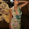Sylcue Wizard of Oz Elegant Retro Tie-Dyed Fresh Print Deep V-neck Halter Dress Waist-Slimming Long Dress Summer
