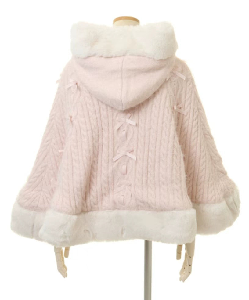 Japanese Liz Sweet Princess Faux Rabbit Fur Cape Coat Women Autumn Winter Fur Jacket Loose Clock Rhinestone Bow Hooded Coat