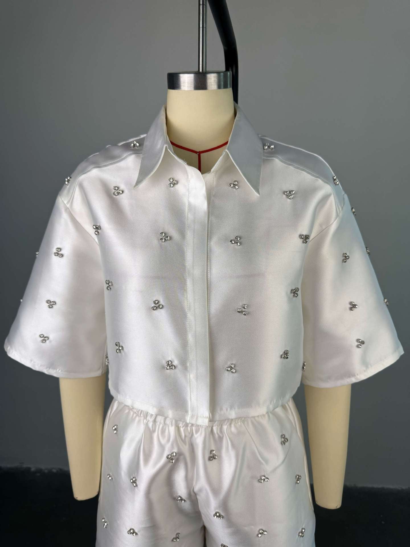 CM.YAYA Fashion Beading Women's Set 3/4 Sleeve Shirt Tops and Shorts Sets 2025 Summer Street Two 2 Piece Sets Outfits Tracksuit