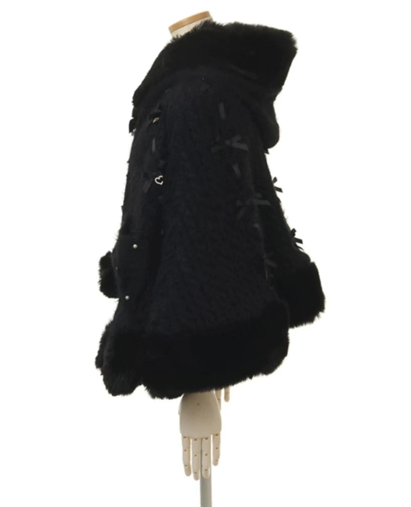 Japanese Liz Sweet Princess Faux Rabbit Fur Cape Coat Women Autumn Winter Fur Jacket Loose Clock Rhinestone Bow Hooded Coat