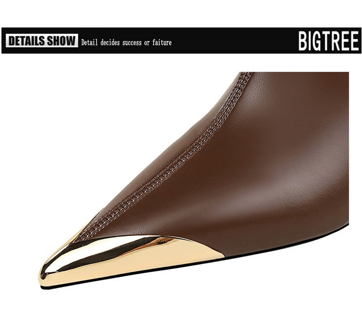 BIGTREE shoes Autumn Winter Boots Metal Pointed tip Women Boots Fashion Leather Boots High Heels Stilettos New Women Ankle Boots