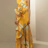 French Style Retro Elegant Waist Trimming Casual Print Sloping Shoulder Dress Printed One Shoulder Dress