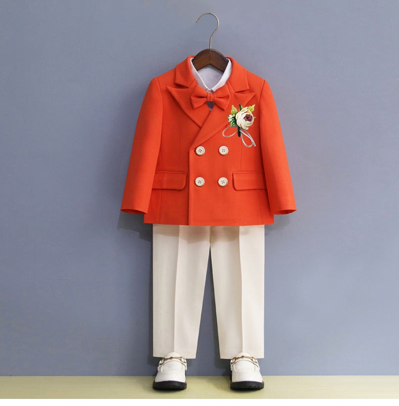Boys Royal Blue Orange Suit For Wedding Kids Jacket Pants Bowtie Flower 4PCS Ceremony Tuxedo Dress Children Photograph Costume