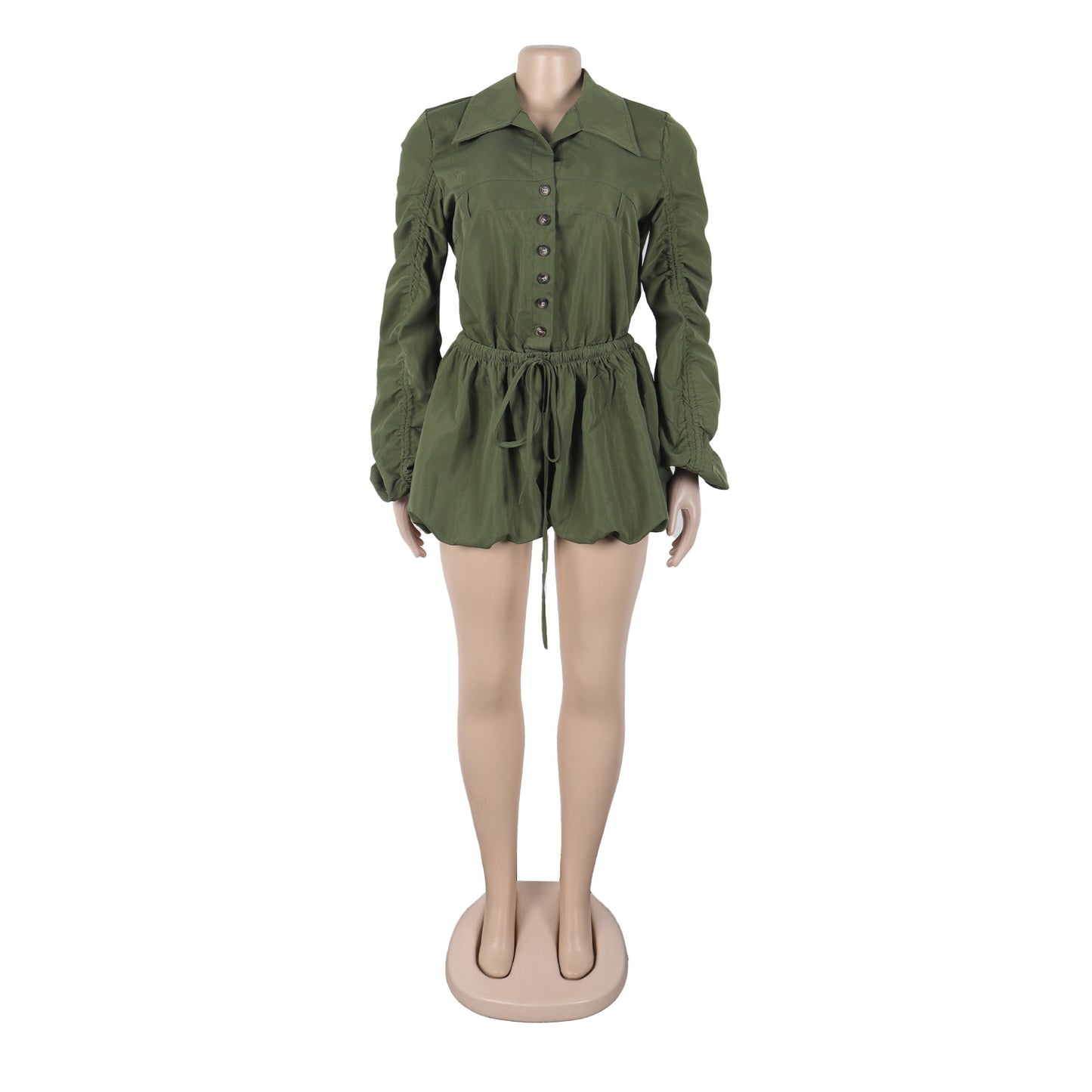 CM.YAYA Vintge Women's Blouse Style Ruched Up Long Sleeve Romper Playsuit 2025 Summer Streetwear Basic Overall Outfits Jumpsuits