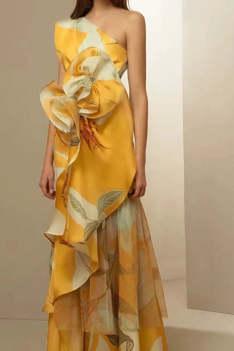 French Style Retro Elegant Waist Trimming Casual Print Sloping Shoulder Dress Printed One Shoulder Dress