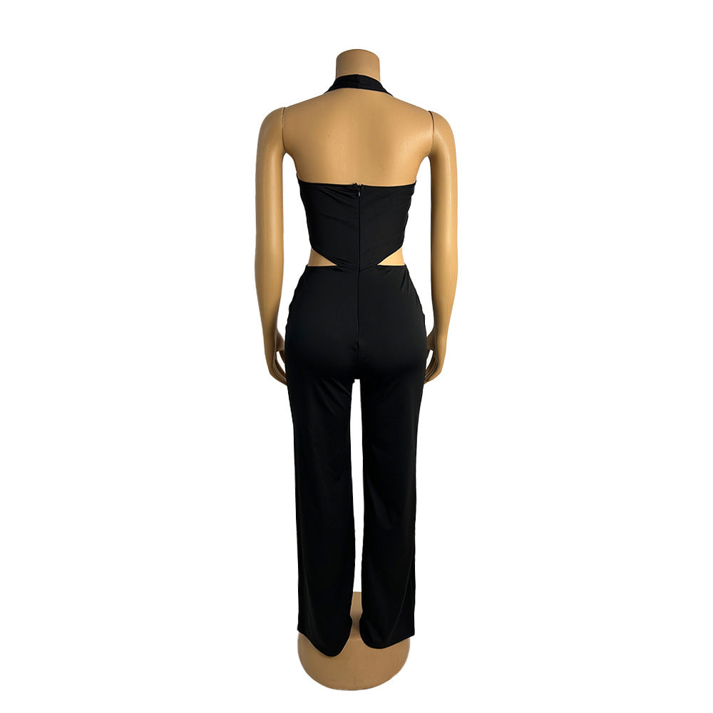 CM.YAYA Women V-Neck Backless Straight Sleeveless Flare Jumpsuits 2025 Summer Hollow Out Sexy One Piece Set Streetwear Outfits