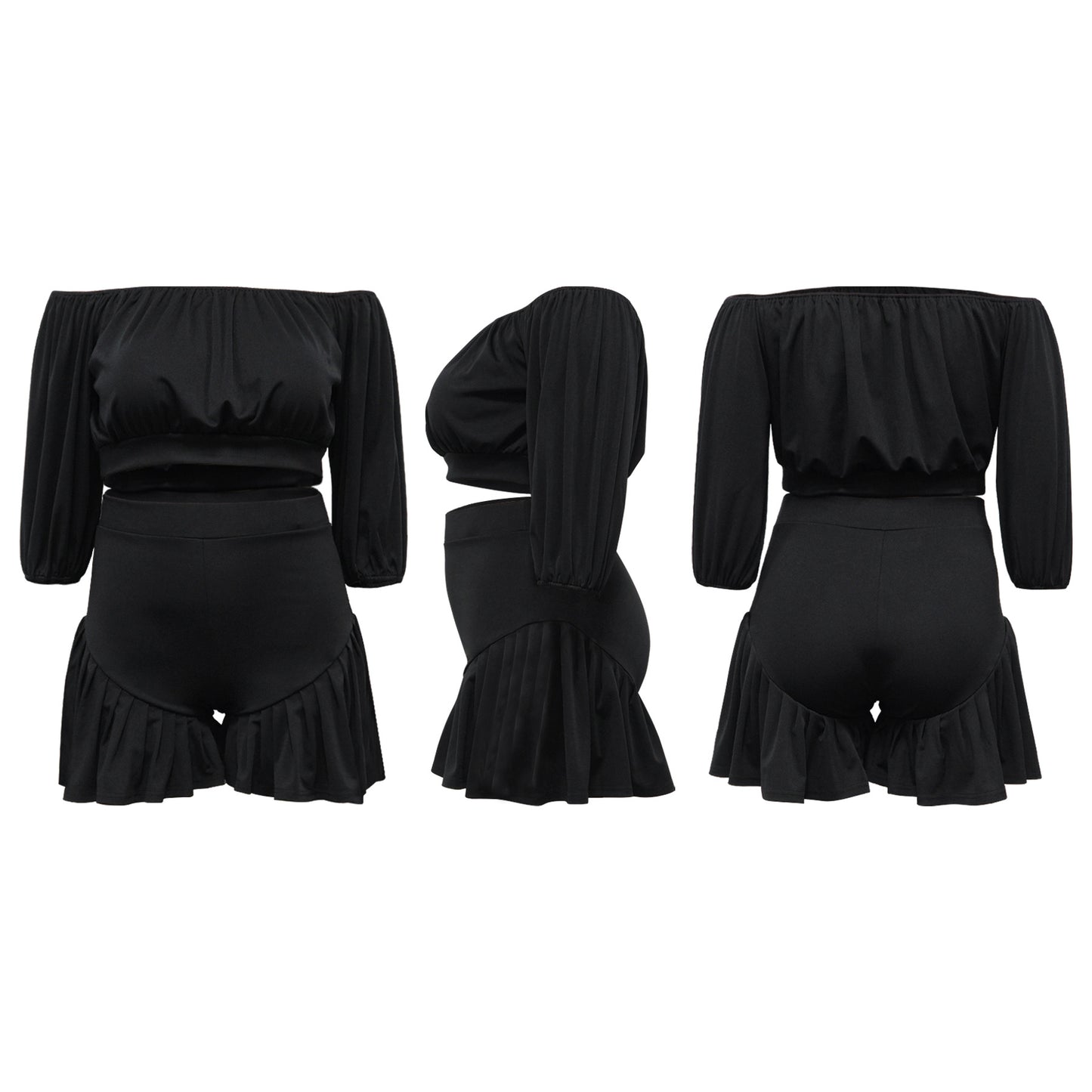CM.YAYA Plus Size Women's Set Long Sleeve Slash Neck T-Shirt and Shorts 2025 Summer Ruched Two 2 Piece Set Outfits Tracksuit