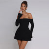 BKQU Elegant Off Shoulder Long Sleeve Mini Dress Women Sexy Strapless Backless Slim A-Line Short Dress Lady Chic Party Vestidos