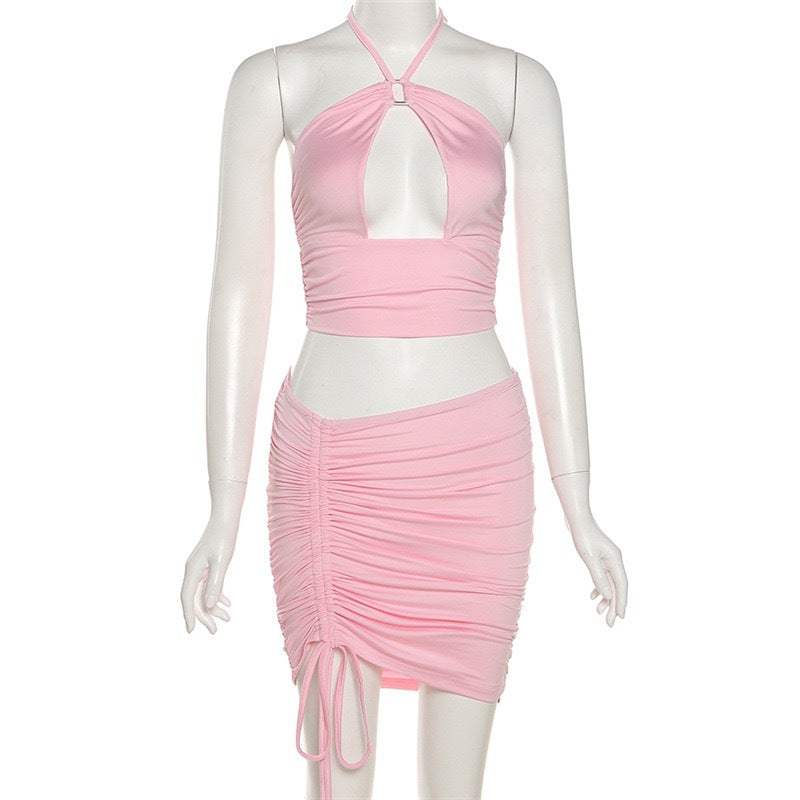 Women's Neck Hanging Hollow Strap Short Top Set Sexy Backless Sleeveless Tank Top and Short Skirt Casual Street Wear Club Party