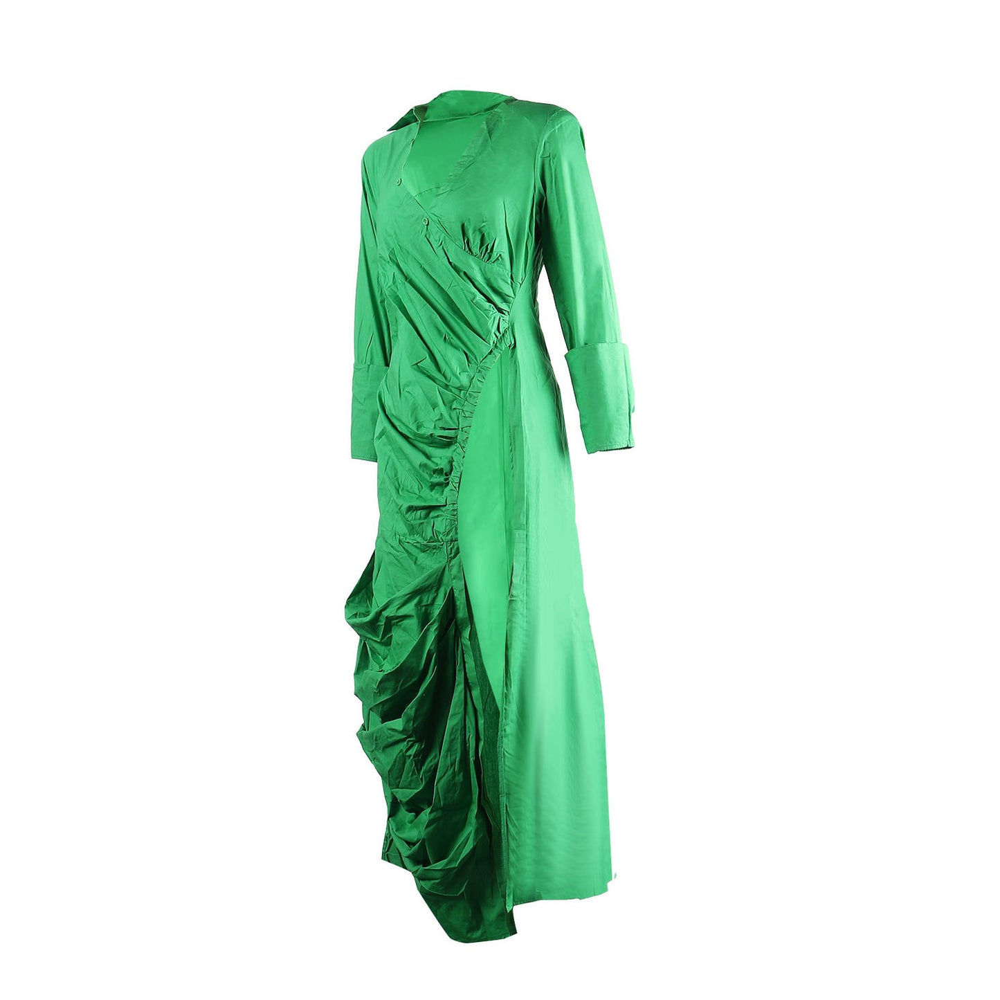 CM.YAYA Vintage Women Long Sleeve High Side Split Ruched Up Wrap Lapel Collar White Maxi Long Dress Fashion Street Dresses