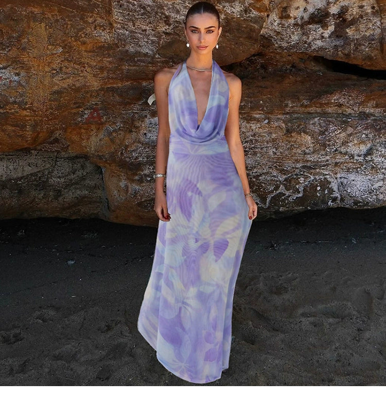 Sylcue Wizard of Oz Elegant Retro Tie-Dyed Fresh Print Deep V-neck Halter Dress Waist-Slimming Long Dress Summer