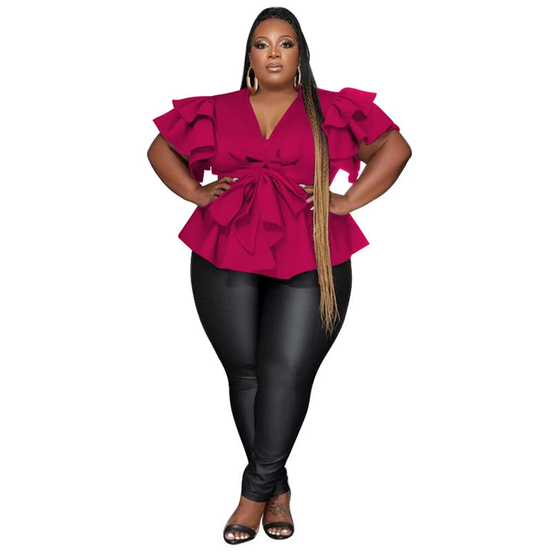 Plus Size Party Top Women Big SizeV Neck Wedding Evening Red